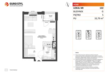 Rzut - Mieszkanie na sprzedaż 1 pokój o powierzchni 33,79 m² - numer G.122 w DOKI etap II (bud. G)