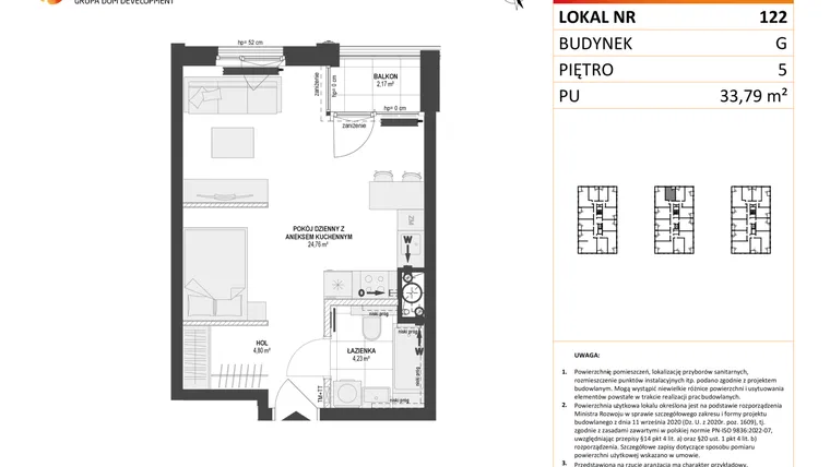 Rzut - Mieszkanie na sprzedaż 1 pokój o powierzchni 33,79 m² - numer G.122 w DOKI etap II (bud. G)