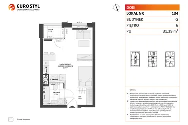 Rzut - Mieszkanie na sprzedaż 1 pokój o powierzchni 31,29 m² - numer G.134 w DOKI etap II (bud. G)