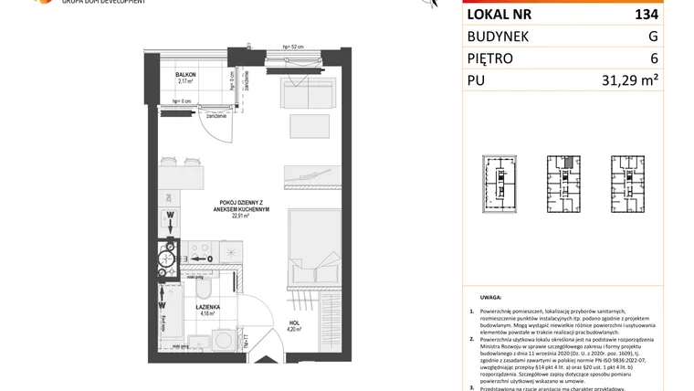 Rzut - Mieszkanie na sprzedaż 1 pokój o powierzchni 31,29 m² - numer G.134 w DOKI etap II (bud. G)