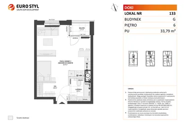 Rzut - Mieszkanie na sprzedaż 1 pokój o powierzchni 33,79 m² - numer G.133 w DOKI etap II (bud. G)