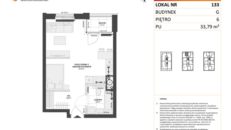 Rzut - Mieszkanie na sprzedaż 1 pokój o powierzchni 33,79 m² - numer G.133 w DOKI etap II (bud. G)