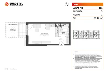 Rzut - Mieszkanie na sprzedaż 1 pokój o powierzchni 29,44 m² - numer G.151 w DOKI etap II (bud. G)