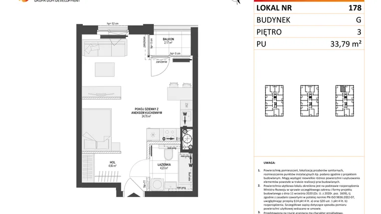 Rzut - Mieszkanie na sprzedaż 1 pokój o powierzchni 33,79 m² - numer G.178 w DOKI etap II (bud. G)