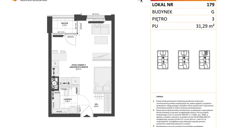 Rzut - Mieszkanie na sprzedaż 1 pokój o powierzchni 31,29 m² - numer G.179 w DOKI etap II (bud. G)