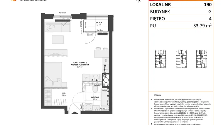 Rzut - Mieszkanie na sprzedaż 1 pokój o powierzchni 33,79 m² - numer G.190 w DOKI etap II (bud. G)