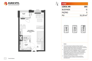 Rzut - Mieszkanie na sprzedaż 1 pokój o powierzchni 31,29 m² - numer G.203 w DOKI etap II (bud. G)