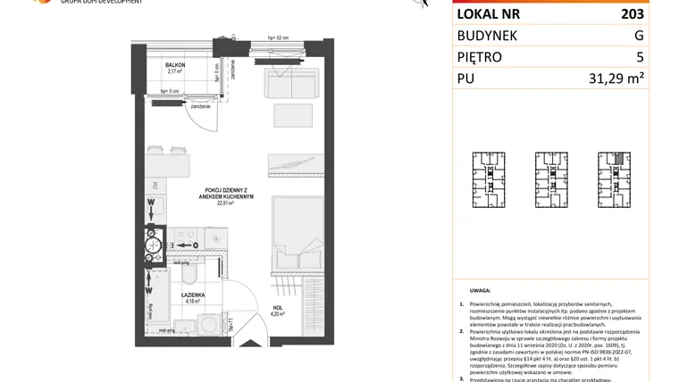 Rzut - Mieszkanie na sprzedaż 1 pokój o powierzchni 31,29 m² - numer G.203 w DOKI etap II (bud. G)