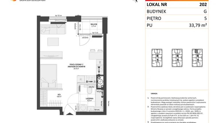 Rzut - Mieszkanie na sprzedaż 1 pokój o powierzchni 33,79 m² - numer G.202 w DOKI etap II (bud. G)