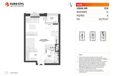 Rzut - Mieszkanie na sprzedaż 1 pokój o powierzchni 33,79 m² - numer G.213 w DOKI etap II (bud. G)