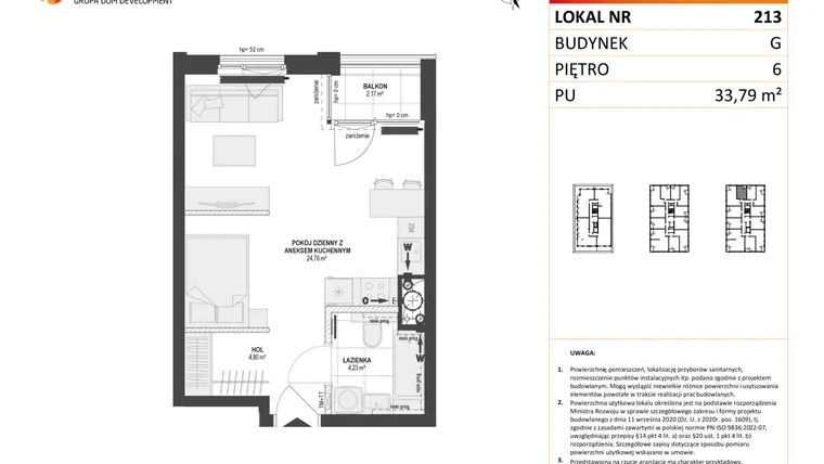 Rzut - Mieszkanie na sprzedaż 1 pokój o powierzchni 33,79 m² - numer G.213 w DOKI etap II (bud. G)