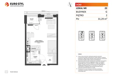Rzut - Mieszkanie na sprzedaż 1 pokój o powierzchni 31,29 m² - numer G.22 w DOKI etap II (bud. G)