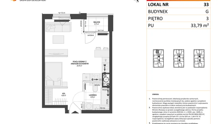 Rzut - Mieszkanie na sprzedaż 1 pokój o powierzchni 33,79 m² - numer G.33 w DOKI etap II (bud. G)