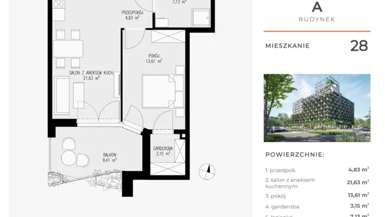 Rzut - Mieszkanie na sprzedaż 2 pokoje o powierzchni 50,35 m² - numer 28 w Semiramis