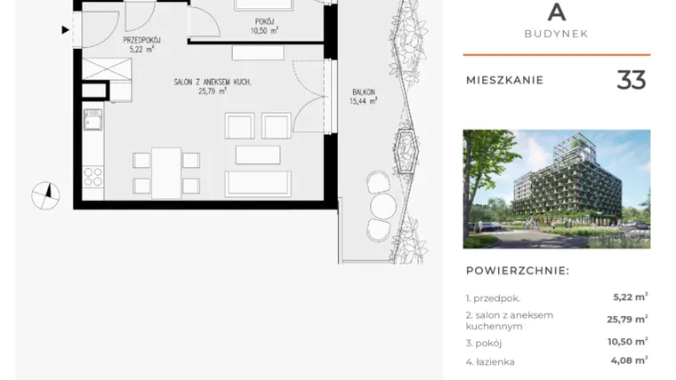 Rzut - Mieszkanie na sprzedaż 2 pokoje o powierzchni 45,59 m² - numer 33 w Semiramis