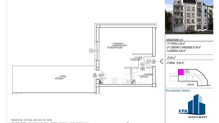 Rzut - Mieszkanie na sprzedaż 1 pokój o powierzchni 27,1 m² - numer 8 w Kamienica przy ul. Starodomaszowskiej