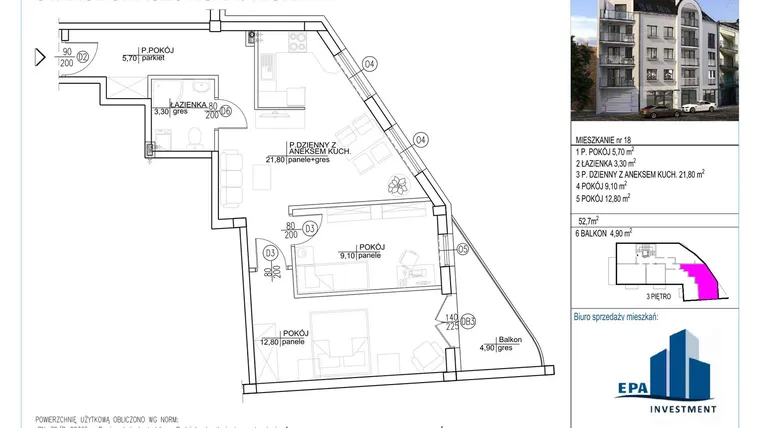 Rzut - Mieszkanie na sprzedaż 3 pokoje o powierzchni 52,7 m² - numer 18 w Kamienica przy ul. Starodomaszowskiej