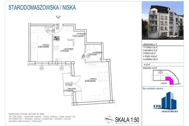 Rzut - Mieszkanie na sprzedaż 2 pokoje o powierzchni 41,1 m² - numer 17 w Kamienica przy ul. Starodomaszowskiej