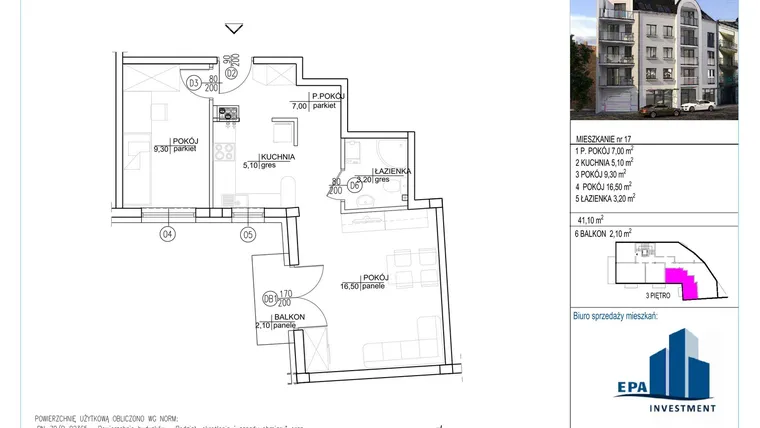 Rzut - Mieszkanie na sprzedaż 2 pokoje o powierzchni 41,1 m² - numer 17 w Kamienica przy ul. Starodomaszowskiej
