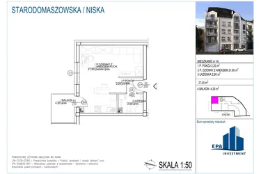 Rzut - Mieszkanie na sprzedaż 1 pokój o powierzchni 27 m² - numer 14 w Kamienica przy ul. Starodomaszowskiej