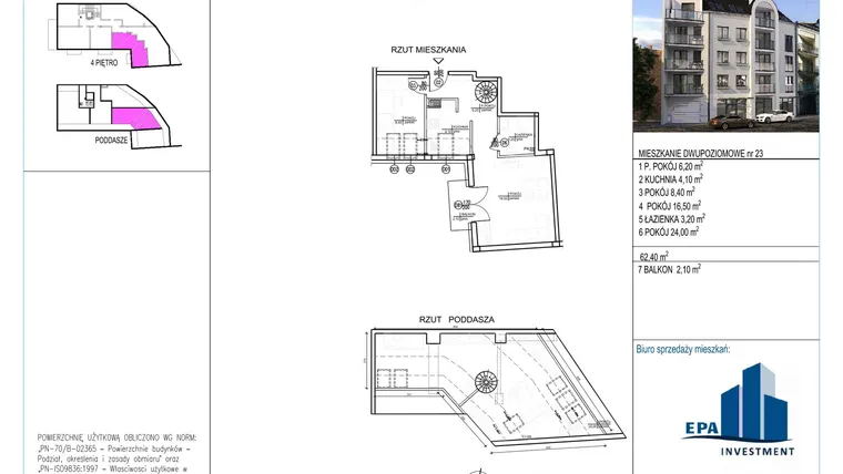 Rzut - Mieszkanie na sprzedaż 2 pokoje o powierzchni 62,4 m² - numer 23 w Kamienica przy ul. Starodomaszowskiej
