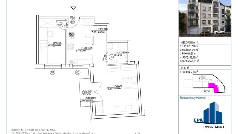 Rzut - Mieszkanie na sprzedaż 2 pokoje o powierzchni 41,1 m² - numer 11 w Kamienica przy ul. Starodomaszowskiej