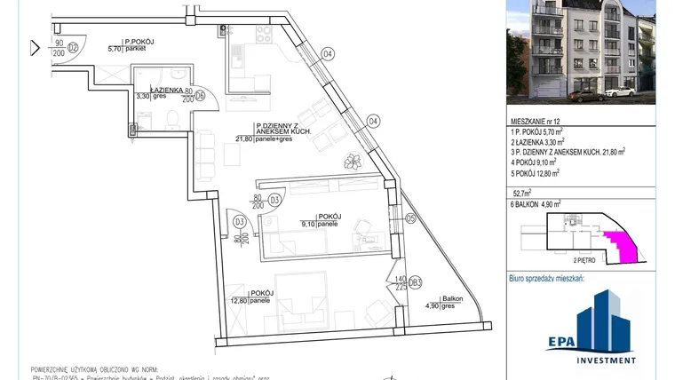 Rzut - Mieszkanie na sprzedaż 3 pokoje o powierzchni 52,7 m² - numer 12 w Kamienica przy ul. Starodomaszowskiej