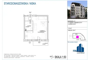 Rzut - Mieszkanie na sprzedaż 1 pokój o powierzchni 27,3 m² - numer 10 w Kamienica przy ul. Starodomaszowskiej