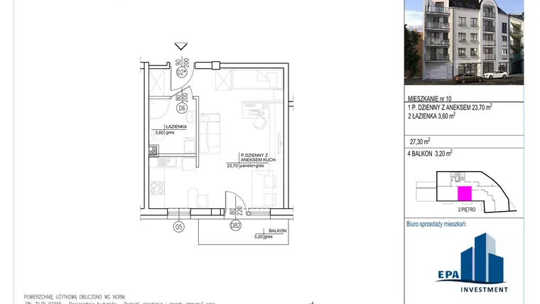 Rzut - Mieszkanie na sprzedaż 1 pokój o powierzchni 27,3 m² - numer 10 w Kamienica przy ul. Starodomaszowskiej