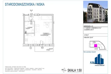 Rzut - Mieszkanie na sprzedaż 1 pokój o powierzchni 27,3 m² - numer 16 w Kamienica przy ul. Starodomaszowskiej