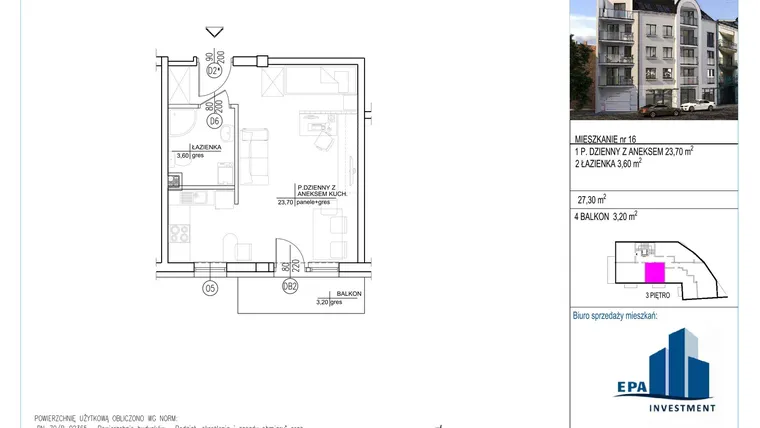 Rzut - Mieszkanie na sprzedaż 1 pokój o powierzchni 27,3 m² - numer 16 w Kamienica przy ul. Starodomaszowskiej