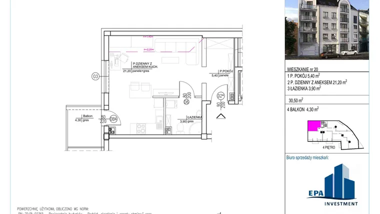 Rzut - Mieszkanie na sprzedaż 1 pokój o powierzchni 30,5 m² - numer 20 w Kamienica przy ul. Starodomaszowskiej