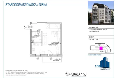 Rzut - Mieszkanie na sprzedaż 1 pokój o powierzchni 27,3 m² - numer 4 w Kamienica przy ul. Starodomaszowskiej