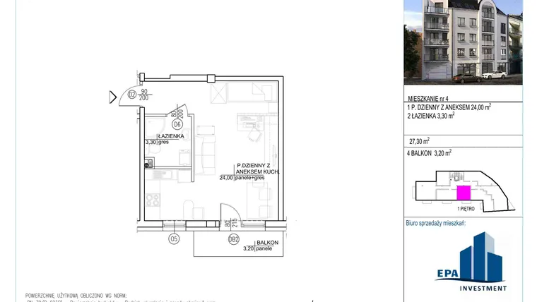Rzut - Mieszkanie na sprzedaż 1 pokój o powierzchni 27,3 m² - numer 4 w Kamienica przy ul. Starodomaszowskiej