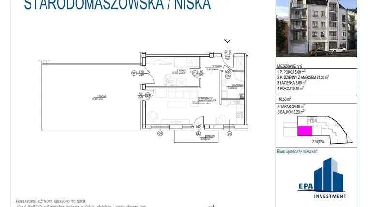 Rzut - Mieszkanie na sprzedaż 2 pokoje o powierzchni 40,5 m² - numer 9 w Kamienica przy ul. Starodomaszowskiej