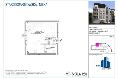 Rzut - Mieszkanie na sprzedaż 1 pokój o powierzchni 27,1 m² - numer 1 w Kamienica przy ul. Starodomaszowskiej