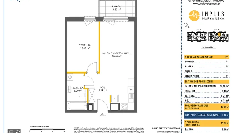 Rzut - Mieszkanie na sprzedaż 2 pokoje o powierzchni 44,36 m² - numer B/74 w Impuls Marywilska