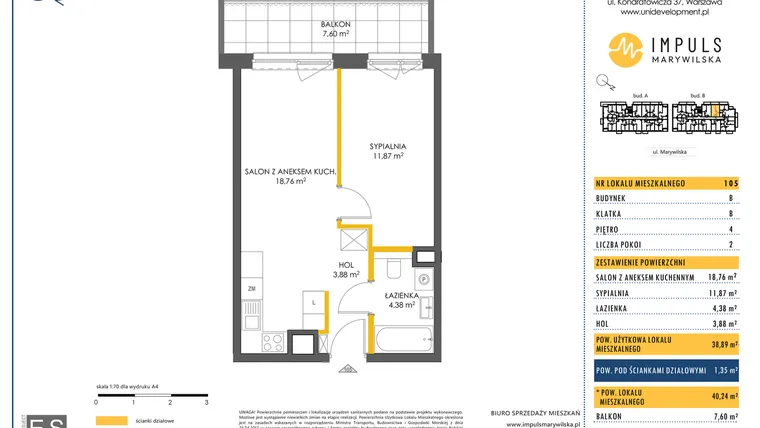 Rzut - Mieszkanie na sprzedaż 2 pokoje o powierzchni 38,89 m² - numer B/105 w Impuls Marywilska