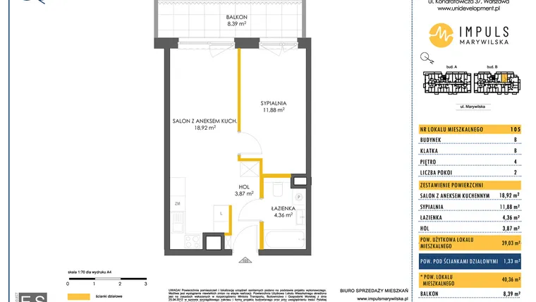 Rzut - Mieszkanie na sprzedaż 2 pokoje o powierzchni 38,89 m² - numer B/105 w Impuls Marywilska