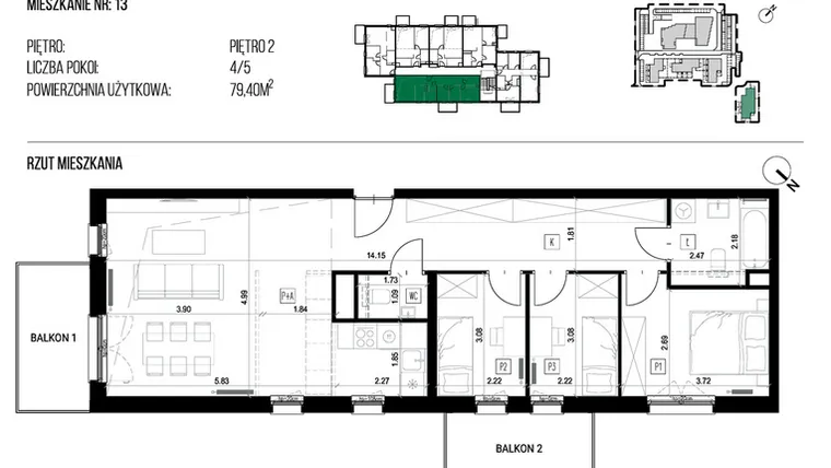 Rzut - Mieszkanie na sprzedaż 4 pokoje o powierzchni 79,4 m² - numer 22D/13 w NATURAMA II