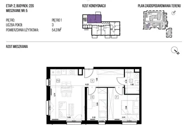 Rzut - Mieszkanie na sprzedaż 3 pokoje o powierzchni 54,31 m² - numer 22G/05 w NATURAMA II