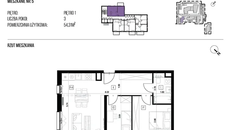 Rzut - Mieszkanie na sprzedaż 3 pokoje o powierzchni 54,31 m² - numer 22G/05 w NATURAMA II