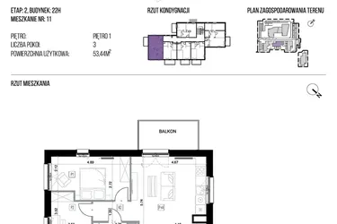 Rzut - Mieszkanie na sprzedaż 3 pokoje o powierzchni 53,44 m² - numer 22H/11 w NATURAMA II