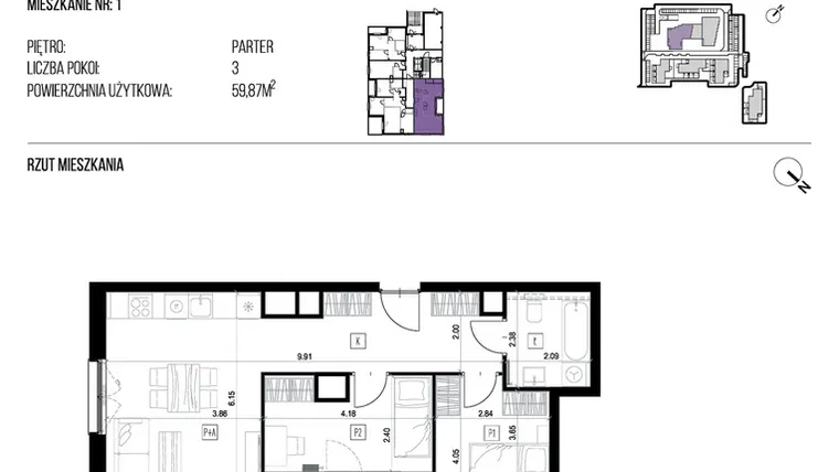 Rzut - Mieszkanie na sprzedaż 3 pokoje o powierzchni 59,87 m² - numer 22J/01 w NATURAMA II