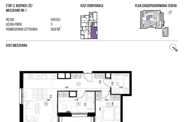 Rzut - Mieszkanie na sprzedaż 3 pokoje o powierzchni 59,87 m² - numer 22J/01 w NATURAMA II