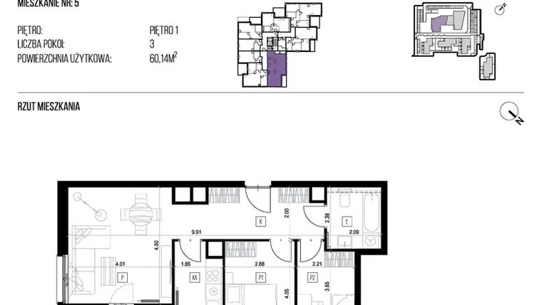 Rzut - Mieszkanie na sprzedaż 3 pokoje o powierzchni 60,14 m² - numer 22J/05 w NATURAMA II