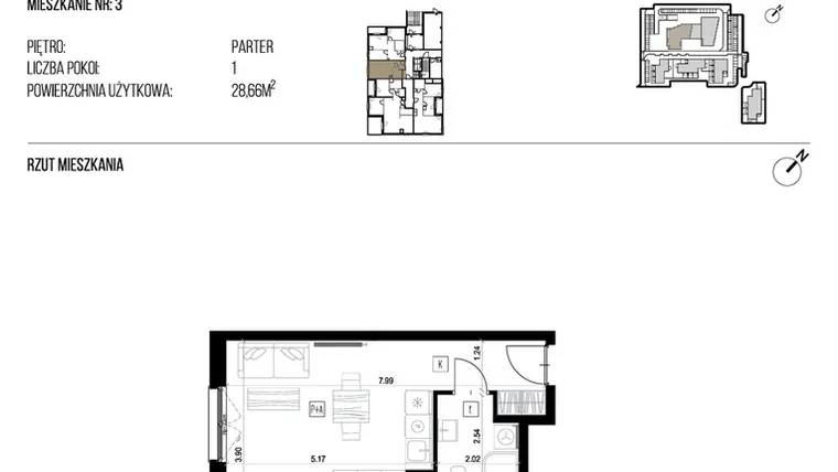Rzut - Mieszkanie na sprzedaż 1 pokój o powierzchni 28,66 m² - numer 22J/03 w NATURAMA II
