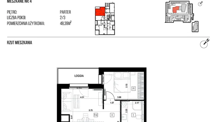 Rzut - Mieszkanie na sprzedaż 2 pokoje o powierzchni 48,39 m² - numer 22J/04 w NATURAMA II