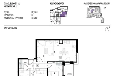 Rzut - Mieszkanie na sprzedaż 3 pokoje o powierzchni 59,54 m² - numer 22J/12 w NATURAMA II