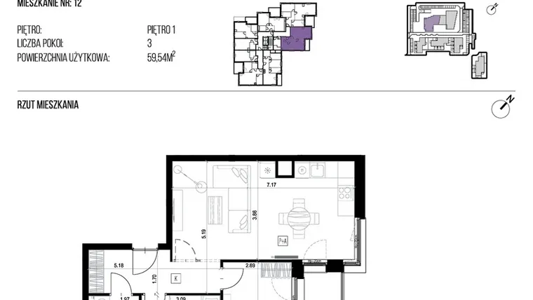 Rzut - Mieszkanie na sprzedaż 3 pokoje o powierzchni 59,54 m² - numer 22J/12 w NATURAMA II